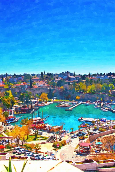 A digitally constructed painting of Kaleici harbour in Antalya Turkey — Stock Photo, Image