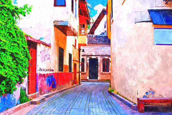 A digitally constructed painting of cobbled back streets of Kaleici in Antalya Turkey — Stock Photo, Image