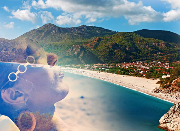 Double exposure of young woman sunbathing and exotic beach — Stock Photo, Image