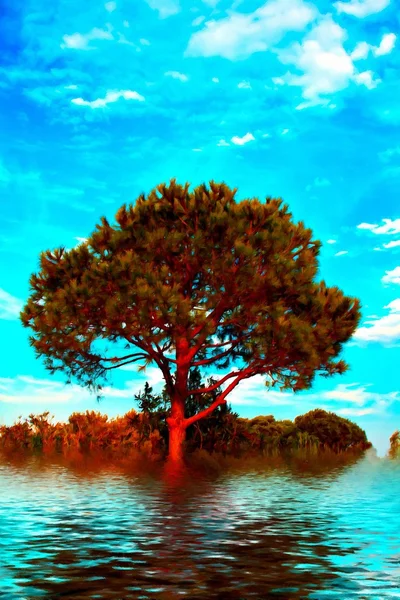 木や洪水、デジタル キャンバスの質感を持つ絵の草原 — ストック写真