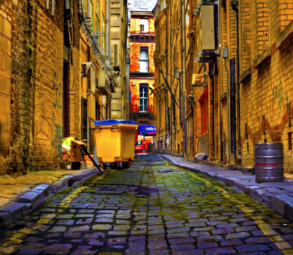 A digital painting of a yellow wheelie bin in a cobblestoned all — Stock Photo, Image