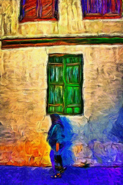 Old woman walking past colorful village house digital painting — Stock Photo, Image