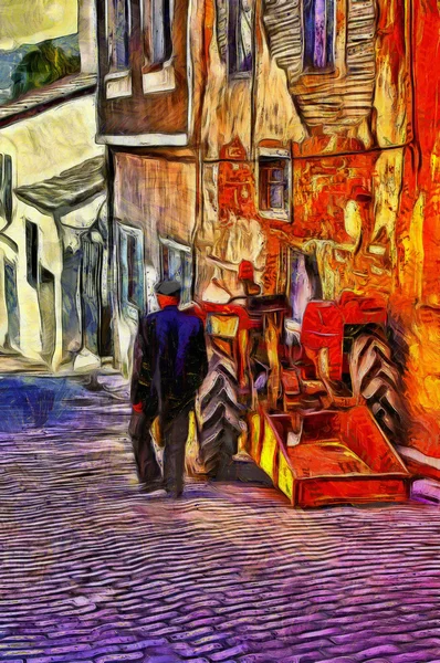 Oude man wandelen langs een rode trekker in een dorp straat digitale p — Stockfoto