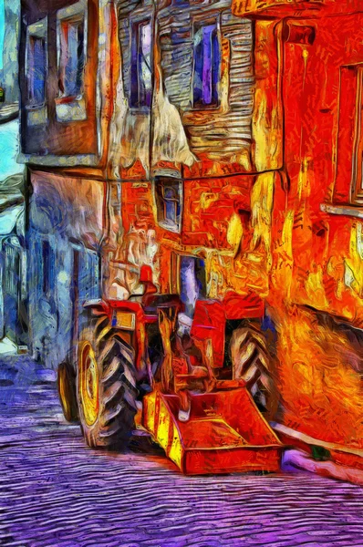 Tractor rojo en una calle de pueblo pintura digital —  Fotos de Stock