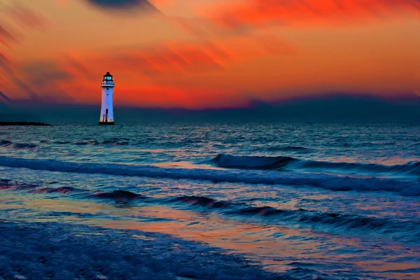 Bir deniz feneri puslu günbatımı gökyüzü ile bir dijital resim — Stok fotoğraf
