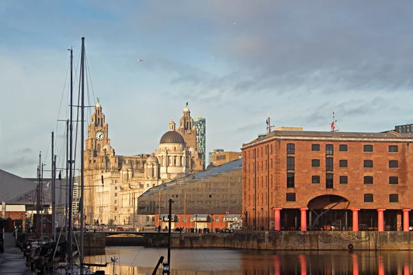 The Albert Dock and Liver Buildings in Liverpool UK on a beautif — Stock Photo, Image