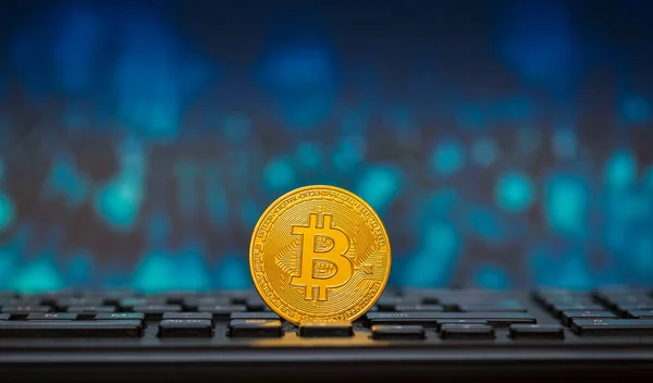 Dijital Mavi Arkaplana Karşı Klavyedeki Altın Bitcoin — Stok fotoğraf