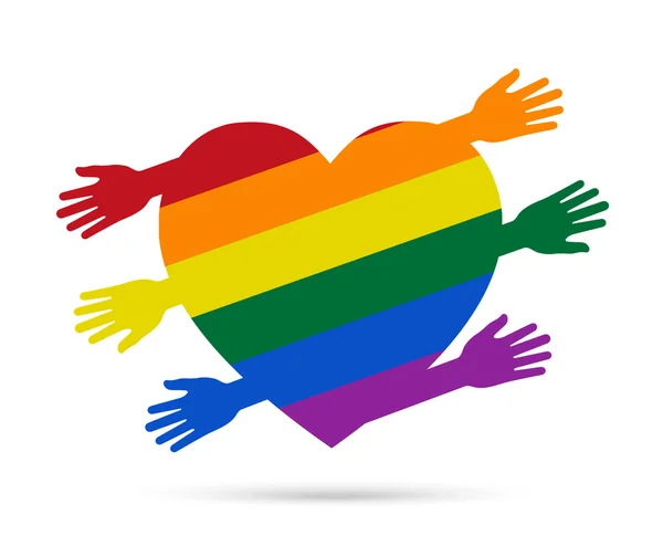 Bandera gay en forma de corazón con las manos de colores — Archivo Imágenes Vectoriales