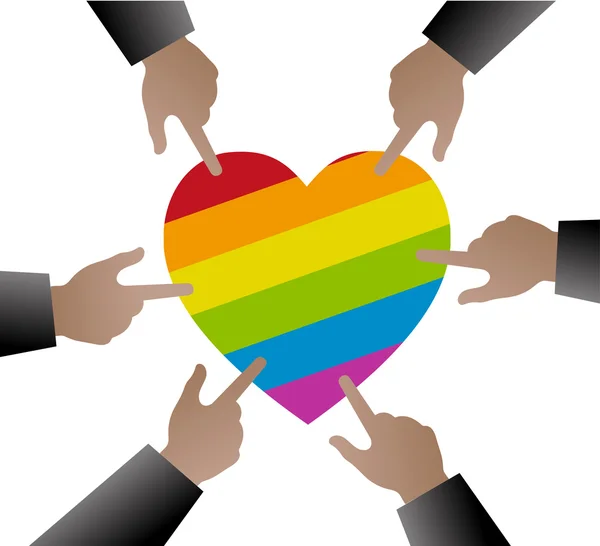 Hands people used to point the gay flag on heart shape — Stock Vector