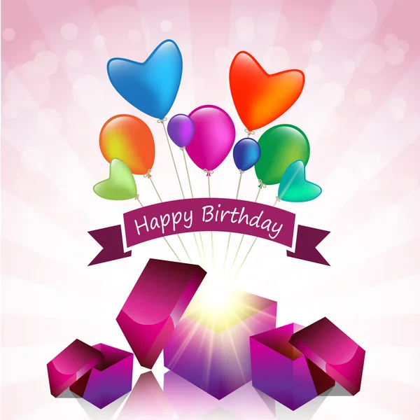 Happy Birthday card with magic gift box and colored balloon — Stock Vector