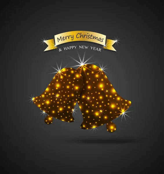 Fêtes de Noël carte de vœux avec des cloches de jingle dorées brillantes et effet de lumières — Image vectorielle