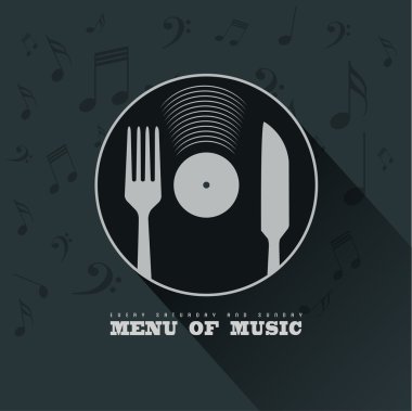 Vinil, bıçak, çatal ve nota müzik menü arka plan kavramı