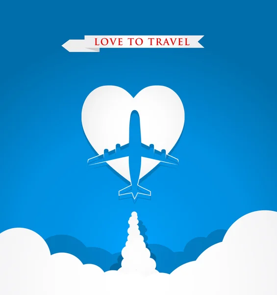 Concepto de viaje de amor con avión en forma de corazón sobre fondo azul — Vector de stock