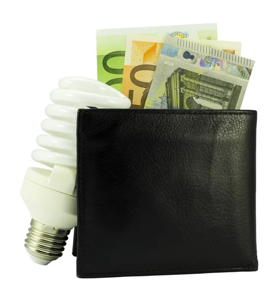 Ahorre concepto de energía - billetera negra con dinero en euros y bombilla — Foto de Stock