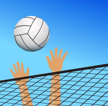 Topu ile net üzerinden voleybolcu eller