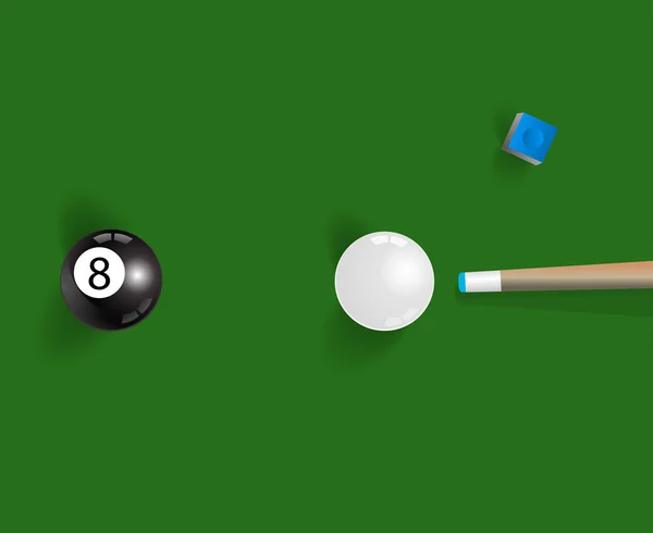 Pool table background with white and black  pool ball, chalk and — Stock Vector