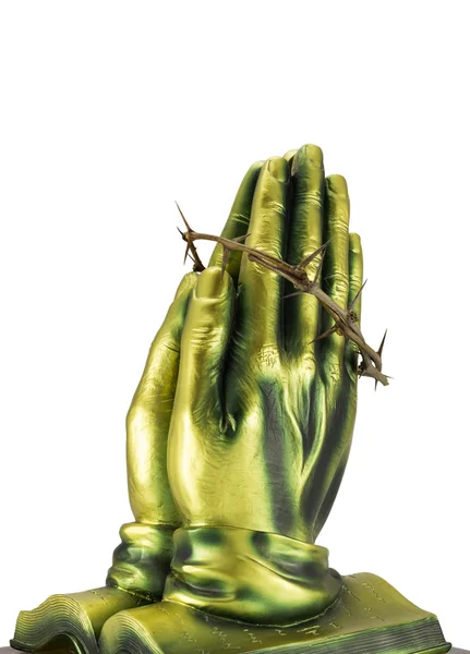 Bronze statue praying hands with the crown of thorns isolated on — Stock Photo, Image