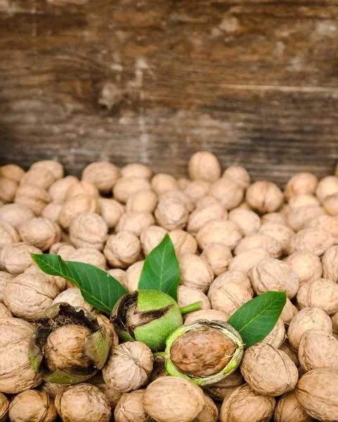 Walnuts in green husks with leaves and walnuts — Stock Photo, Image