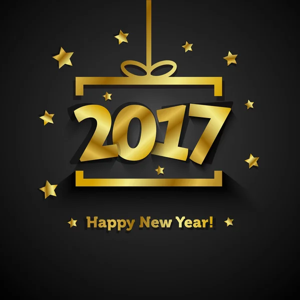 Caja de regalo de oro con tarjeta de felicitación Feliz Año Nuevo 2017 — Archivo Imágenes Vectoriales