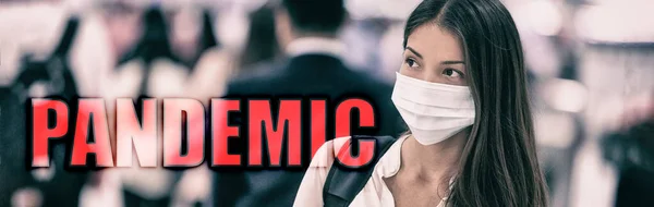 PANDEMIC coronavirus COVID-19 text on travel chinese woman walking in airport travel banner background. Header 2019 novel corona virus Wuhan, China. Asian people crowd wearing mask prevention walking — Stock Photo, Image