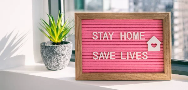 COVID-19コロナウイルス｜STAY HOME SAVE LIVESソーシャルディスタンス意識のためのテキストを持つウイルスのソーシャルメディアメッセージサイン。COVID-19はホームコンセプトに滞在。曲線を平坦化する — ストック写真