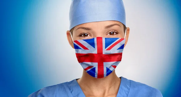 Brittiska flaggan på brittisk läkare kvinna bär medicinsk mask på blå bakgrund. Storbritannien flagga tryck grafisk design banner — Stockfoto