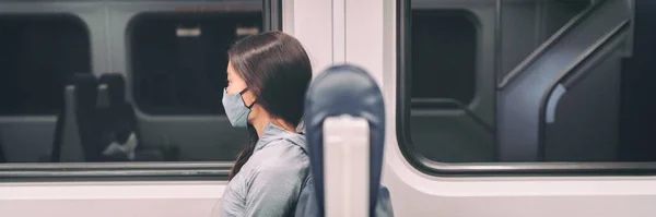 火车上下班时必须戴口罩以防大脑皮层病毒大流行.人们下班后在夜旗上通勤的生活方式的全景旗帜。头戴头巾的女旅客 — 图库照片