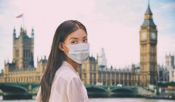 코로나 바이러스 (Corona virus) 는 영국 런던 시 관광 휴가 때 보호용 마스크를 쓰고 여행하는 아시아 여성 관광객을 예방하는 바이러스이다. 화려 한 배경의 화려 한 전경 — 스톡 사진