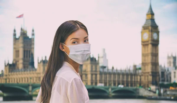 Corona virus travel corona virus spread prevention asian woman tourist wearing protective face mask on UK London city sightseeing holiday vacation. Famous british landmark background panoramic — Stock Photo, Image