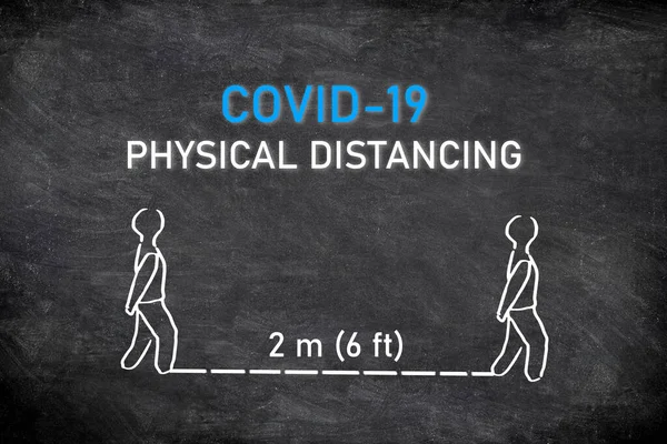 COVID-19 PHYSICAL DISTANCING Instruktion Tafel Illustration. Halten Sie einen Abstand von zwei Metern zwischen jeder Person, die in der Schlange vor einem Geschäft oder Krankenhaus wartet — Stockfoto