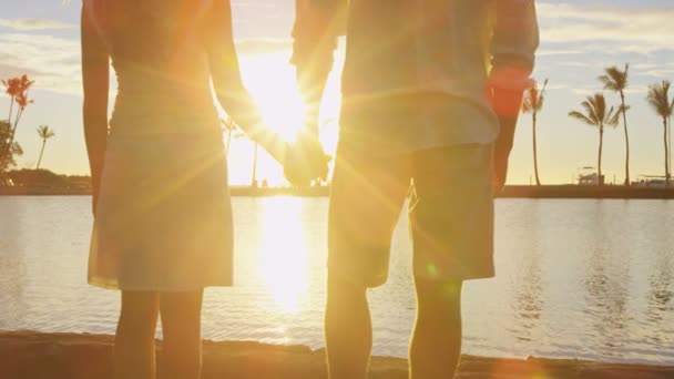 Pareja romántica al atardecer tomados de la mano en la playa viendo la puesta de sol vacaciones — Vídeos de Stock