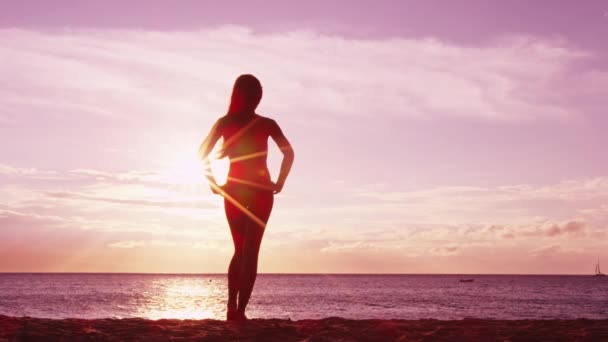 Silhueta de mulher elegante na praia olhando para o belo pôr do sol — Vídeo de Stock