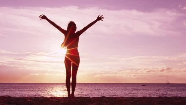 Bonheur, liberté et succès - Heureuse femme heureuse et sereine levant les bras — Video