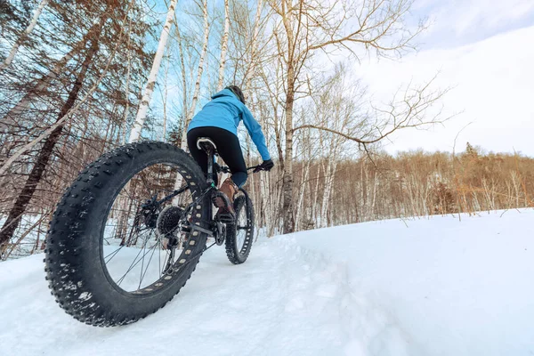 Bicicleta gorda menina de bicicleta montando no caminho trilha de neve no inverno. Desporto ao ar livre na natureza paisagem — Fotografia de Stock