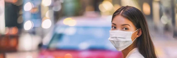 La protección contra el virus de la gripe enmascara la protección contra los virus de la gripe y la enfermedad. Mujer siria enferma usando mascarilla quirúrgica en espacios públicos. Pancarta de salud concepto de panorama —  Fotos de Stock