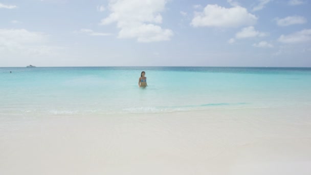 Happy Woman Enjoying Summer Vacation On Beach On Travel Vacation Holidays — Stock Video