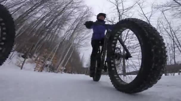 Biking in winter on fat bike. Fat biker riding bicycle in the snow in winter. Close up action shot of fat tire bike wheels in the snow. Woman living healthy winter sports lifestyle — Stock Video