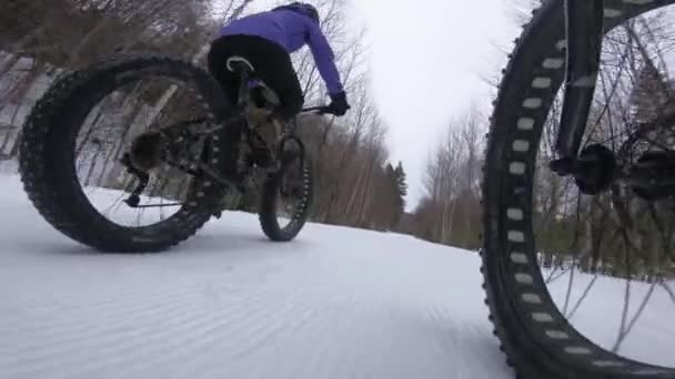 Fietsen in de winter op een vette fiets. Vrouw dikke fietser fietsen in de sneeuw in de winter. Close-up actie shot van vet band fiets wielen in de sneeuw. Mensen die een actieve wintersportleven leiden. — Stockvideo