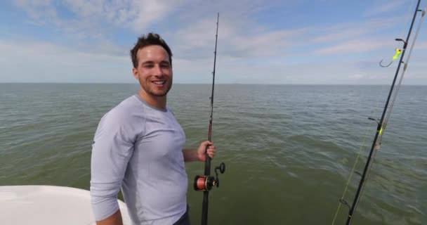 Fishing man portrait - tired proud sport fishing man after shark fishing fight — Stock Video