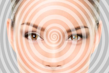 Hypnosis spiral over Asian woman face of hypnotized girl portrait background clipart