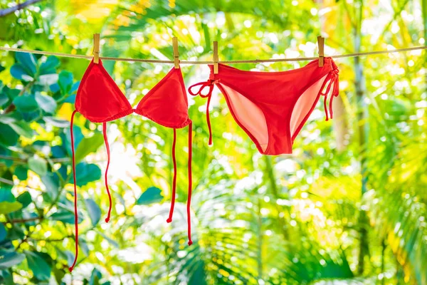 붉은 비키니는 발코니 바깥의 의류 라인에서 마르는 공기에 매달려 있는 수영복을 입는다. 여름 방학의 아이콘 배경 사진 - 여자 수영복을 입고 녹색 식물과 함께 야외에서 환경친화적 인 빨래를 한다 — 스톡 사진