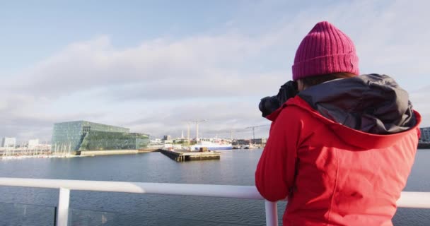 Reykjavik 'te liman gezisi ve balina izleme gezisinde olan İzlandalı turist fotoğrafçısı — Stok video
