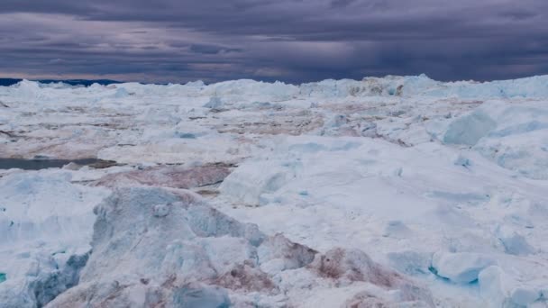 Góry lodowe z topniejącego lodowca w fiordzie lodowym - globalne ocieplenie i zmiany klimatu — Wideo stockowe
