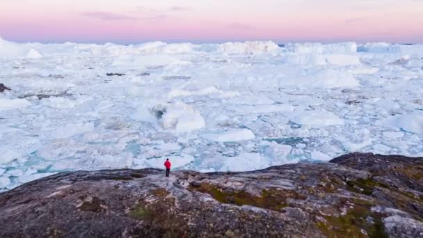 Resor i arktiskt landskap natur med isberg - Grönlands turist man upptäcktsresande — Stockvideo