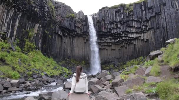 İzlanda 'daki Svartifoss şelalesinin keyfini çıkaran kadın. — Stok video