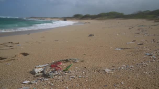 Plastik dan sampah di laut terdampar di pantai dan dikumpulkan di kantong sampah di pantai. Dari North Shore, Hawaii, Big Island — Stok Video