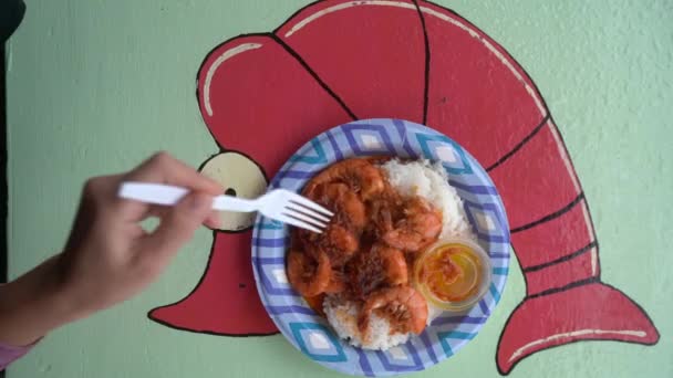 Comida de camarão de Oahu Hawaii. Mulher comendo comida tradicional havaiana local — Vídeo de Stock