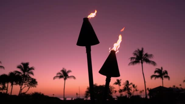 Západ slunce na Havaji s pochodněmi. Havajská ikona, světla hořící za soumraku v letovisku — Stock video