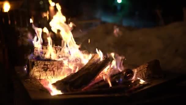 Вогонь у кабіні вогню взимку зі снігом. Палаючий вогонь з дровами — стокове відео