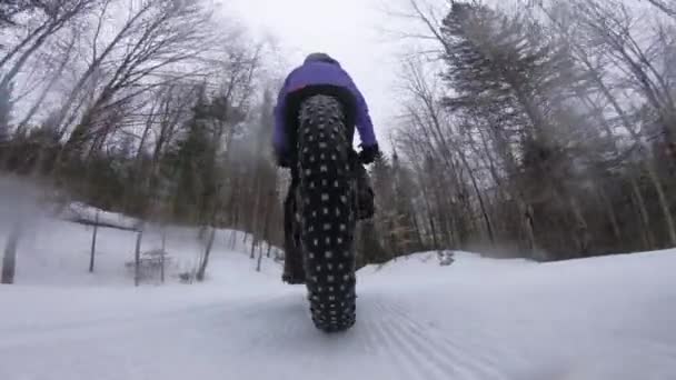 Fat bike in winter. Fat biker riding bicycle in the snow in winter. Close up action shot of fat tire bike wheels in the snow. Woman living healthy winter sports lifestyle. Shot on action camera. — Stock Video